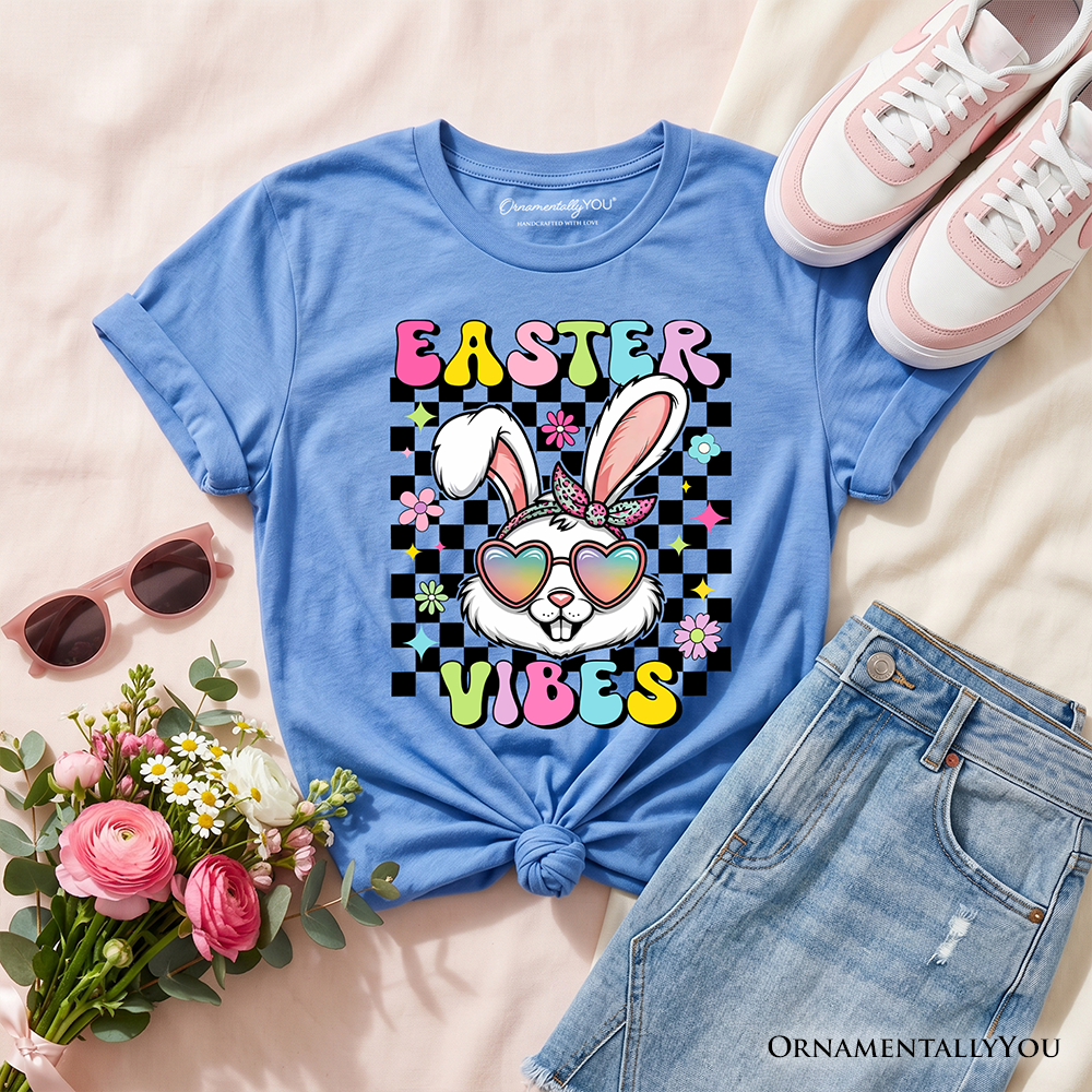 Kids Retro Easter Bunny Sunglasses T-Shirt, Groovy Youth Checkered Tee