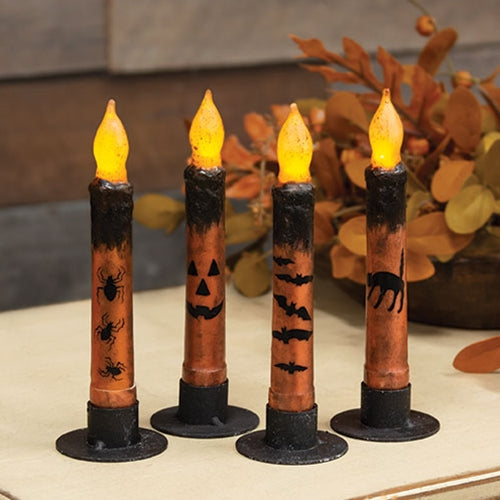 Set of 4 Grungy Spooky Timer Taper Candles for Halloween Decor