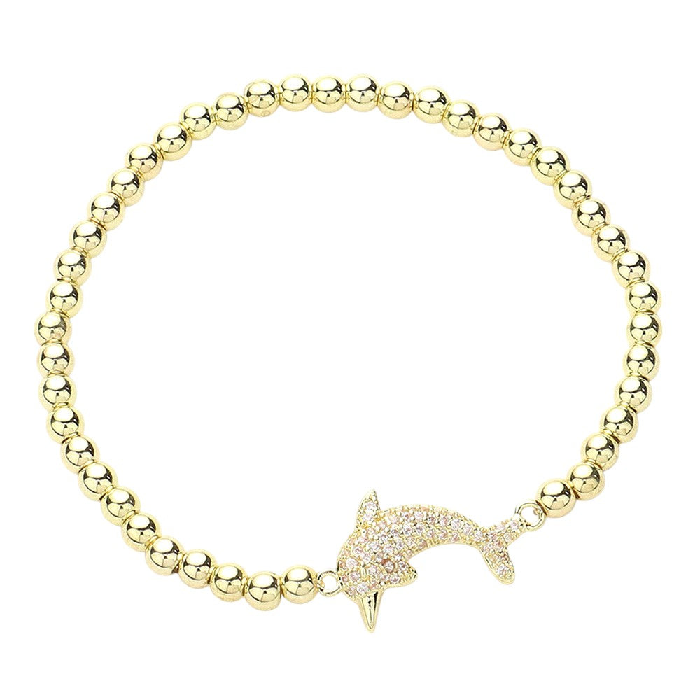 CZ Stone Paved Dolphin Stainless Steel Ball Stretch Bracelet