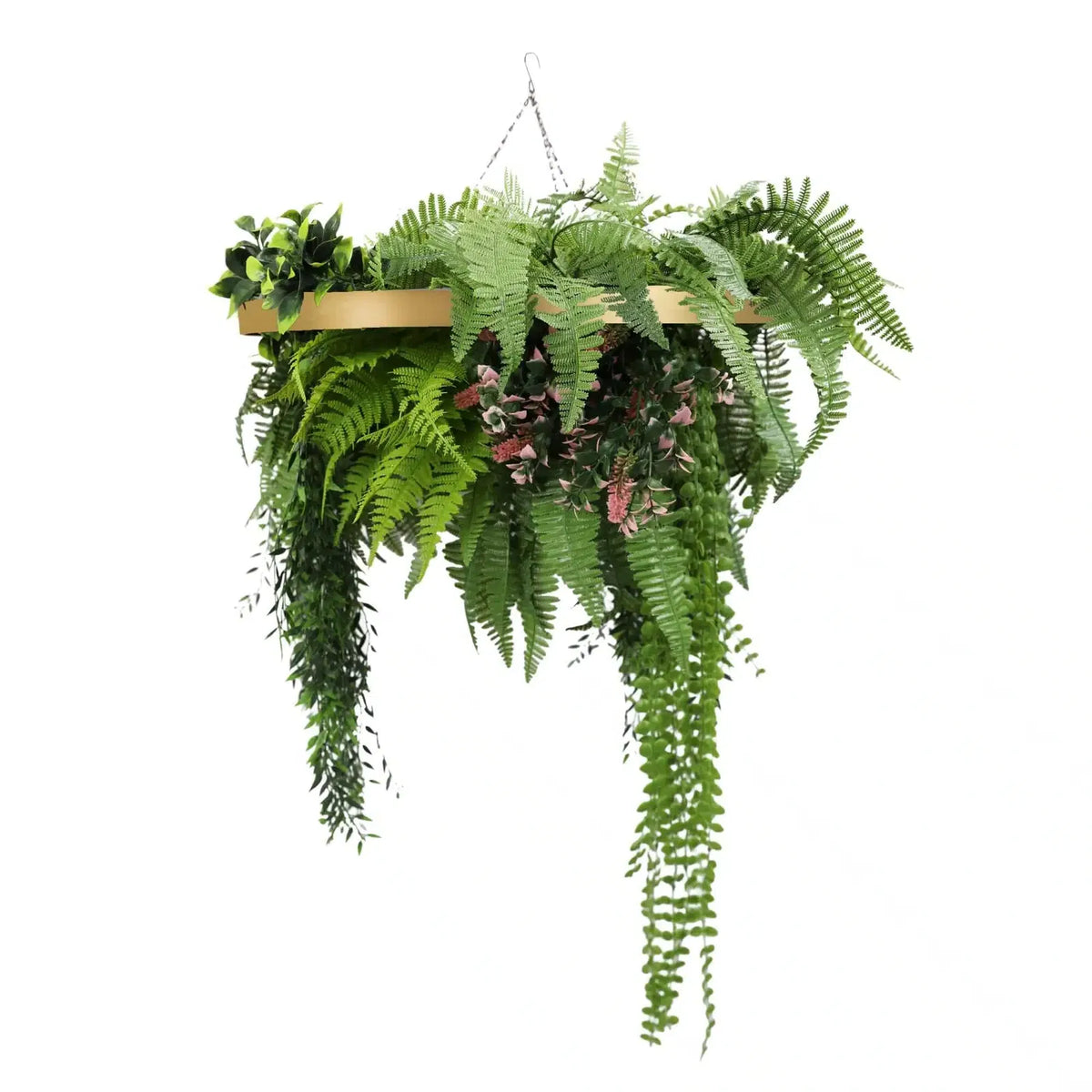 Artificial Roof Hanging Disc Draping Plant Arrangement 29.5in long – Gold Frame – UV Resistant