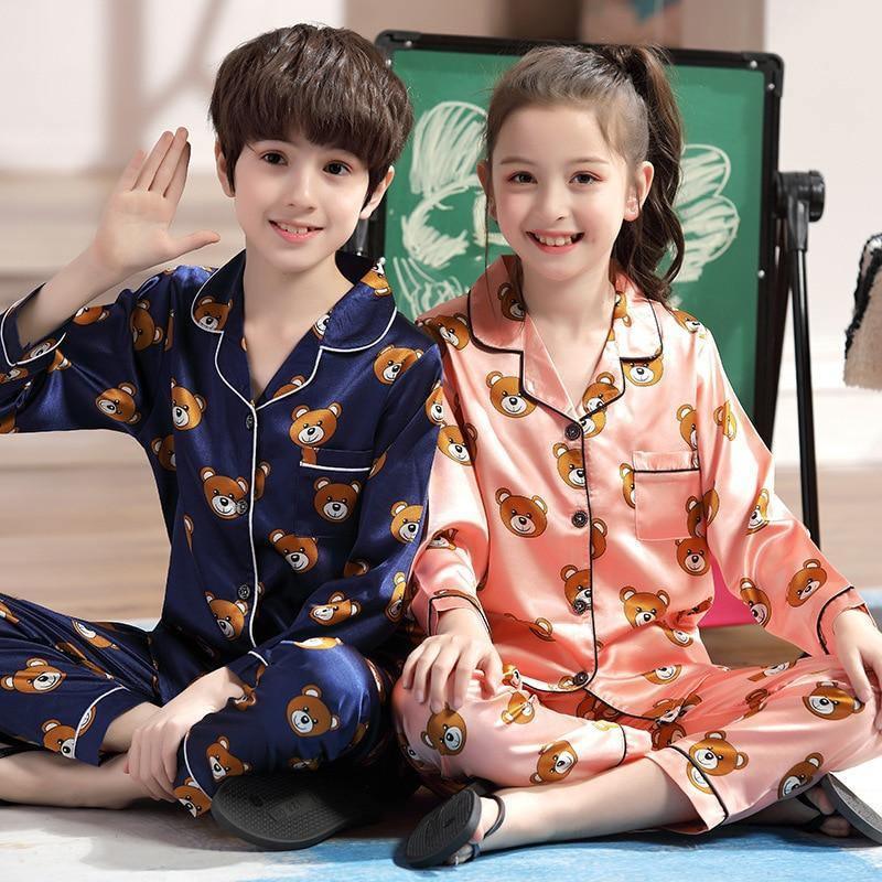 Luxury Modern Children's Pajamas Set Baby Suit Toddler Boys and Girls Ice Silk Satin Cartoon Printing Tops Pants Set Home Wear pajams for Kids