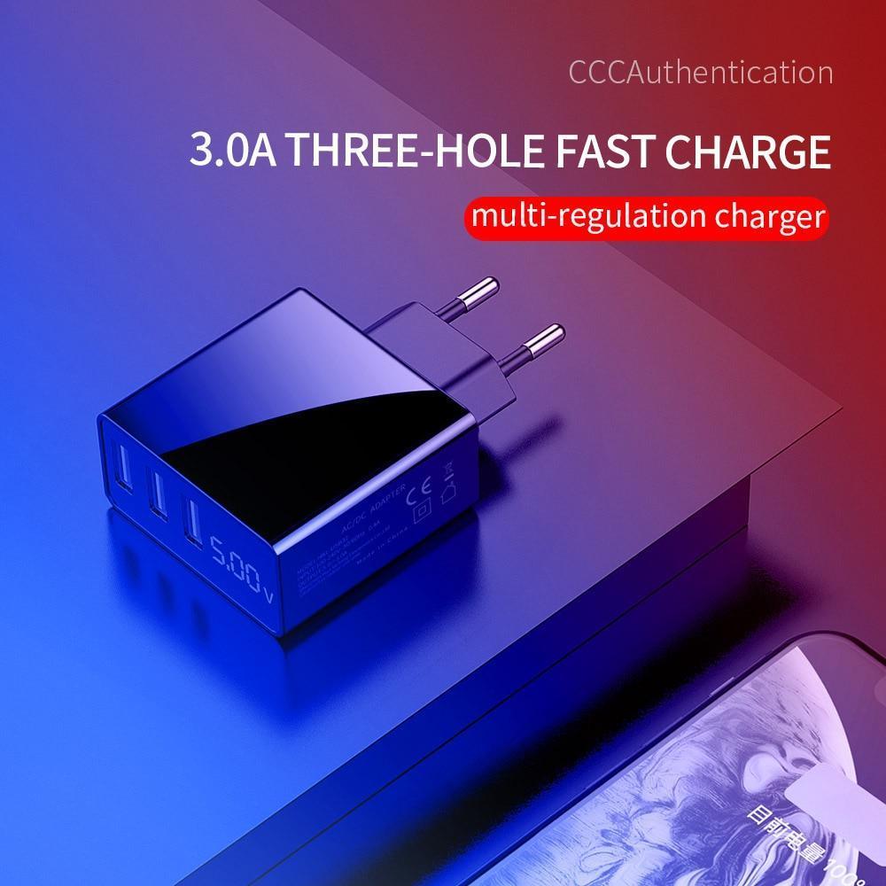 3 Port USB Phone Charger LED Display EU Plug Total Max 3A Smart Fast Charger Mobile Wall Charger For Smartphones