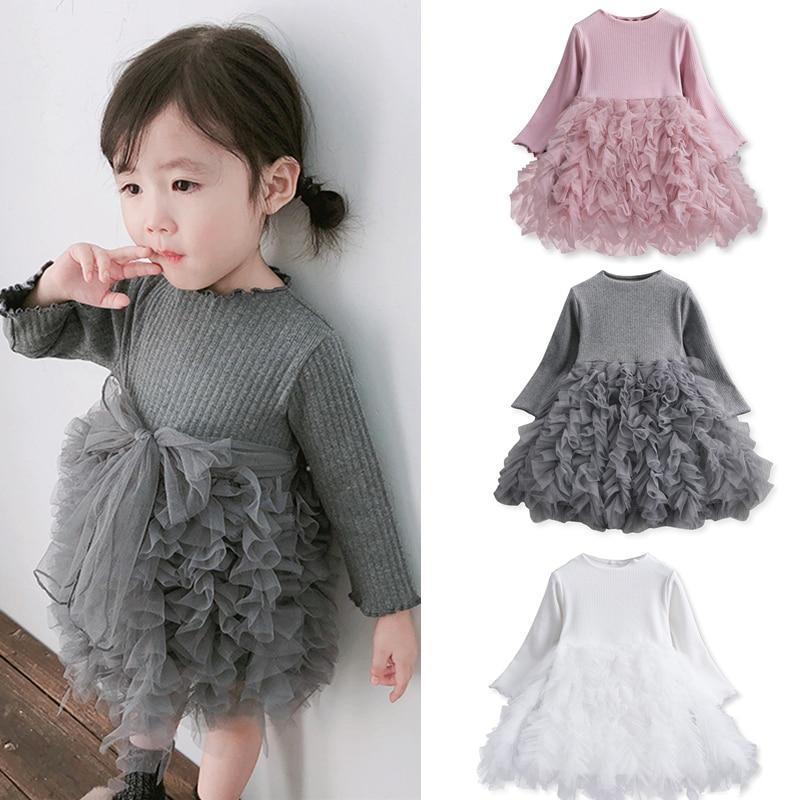 Modern Winter Flower Long Sleeve Smash Cake Baby Girls Dress For 1-5 Year Little Princess