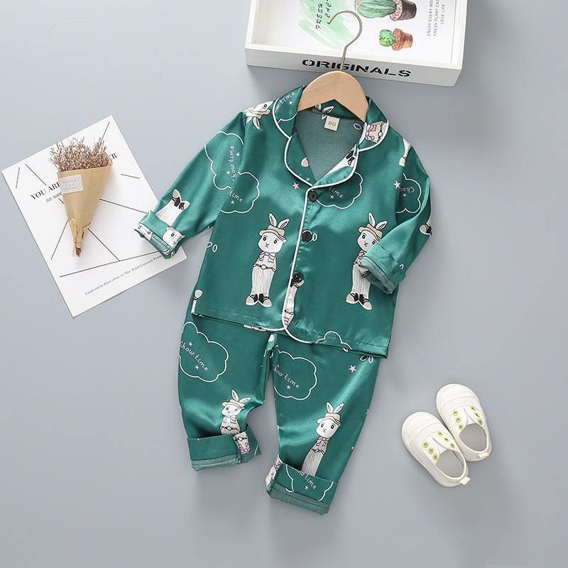 Luxury Modern Children's Pajamas Set Baby Suit Toddler Boys and Girls Ice Silk Satin Cartoon Printing Tops Pants Set Home Wear pajams for Kids