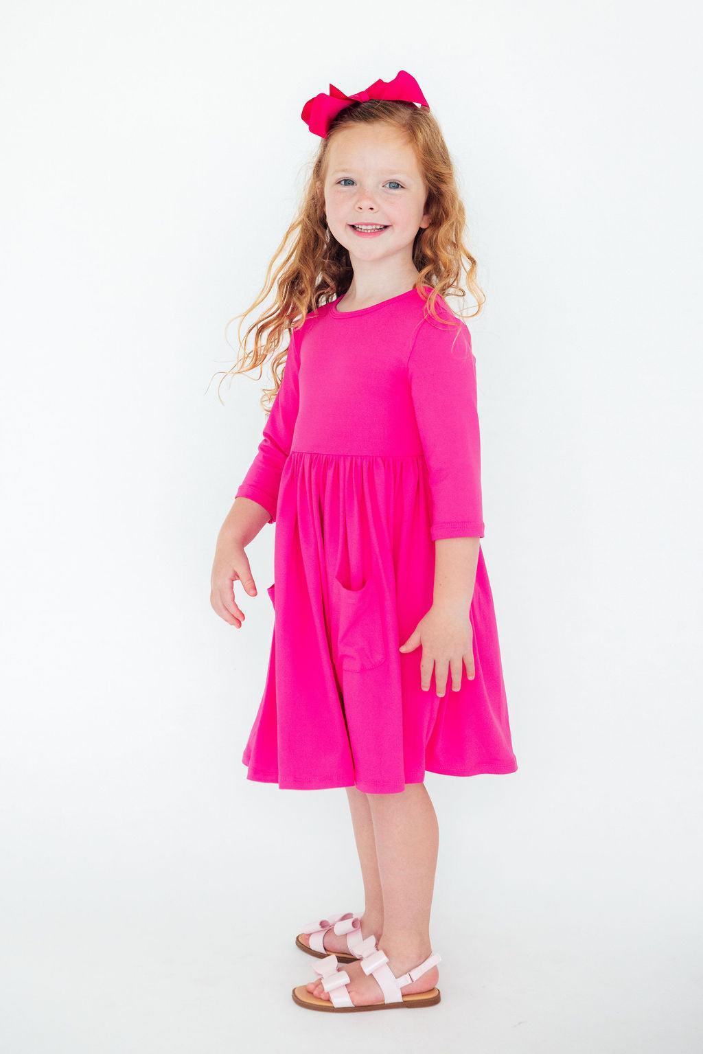 Hot Pink 3/4 Sleeve Pocket Twirl Dress