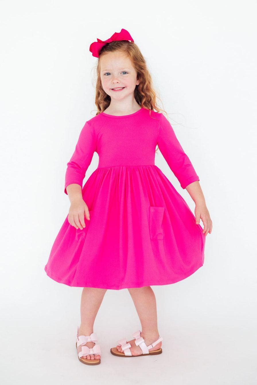 Hot Pink 3/4 Sleeve Pocket Twirl Dress
