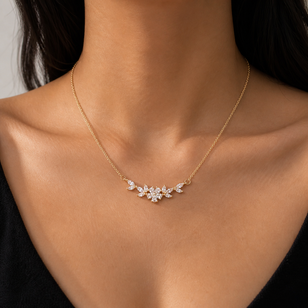 Beautiful Gold Floral Rhinestone Necklace