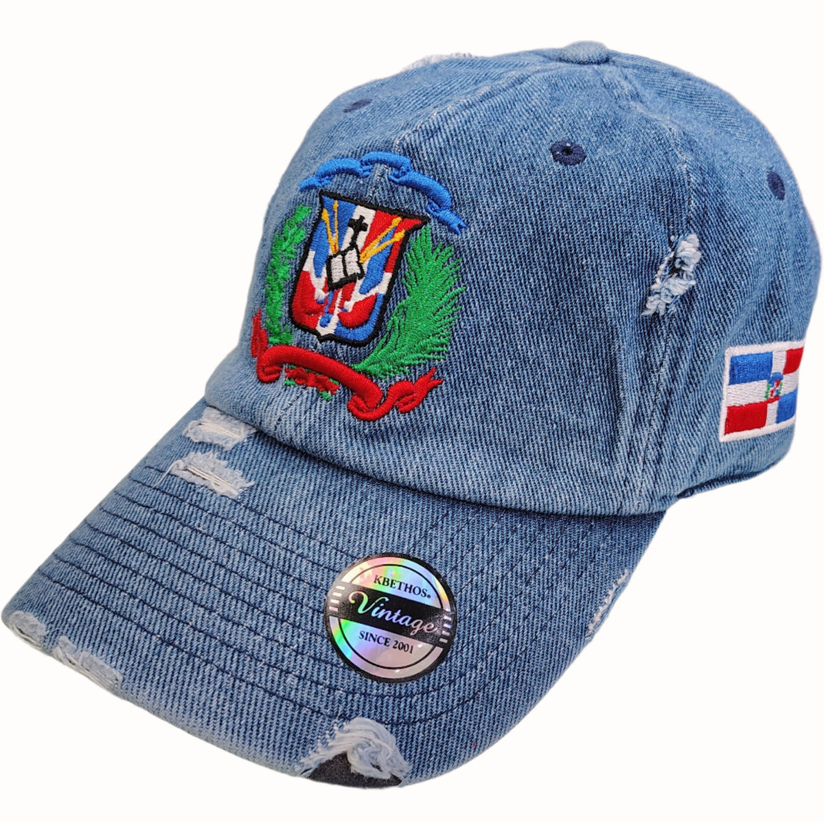 Dominican Republic Embroidered Vintage Dad Hat – Distressed Adjustable Cotton Baseball Cap with Dominican Shield Flag