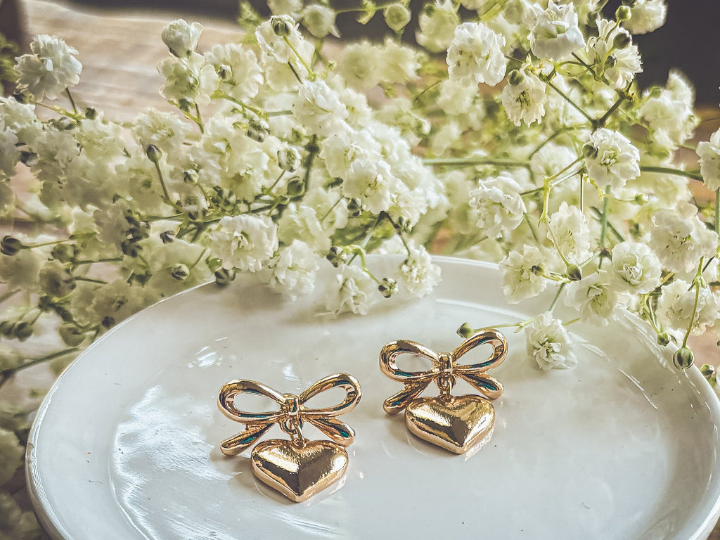 Beautiful Gold Heart Bow Earrings