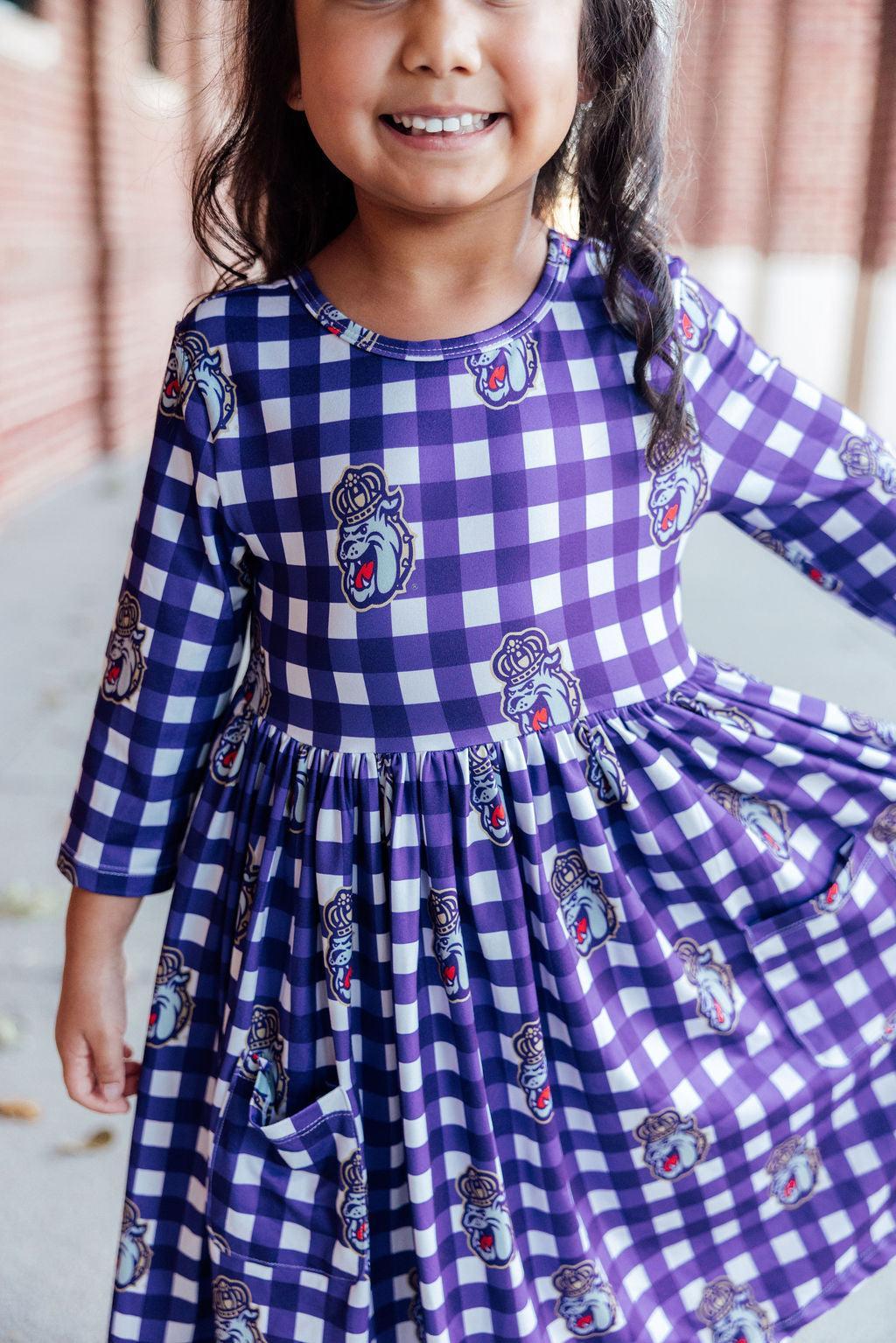 JMU Plaid Duke Dog 3/4 Sleeve Pocket Twirl Dress