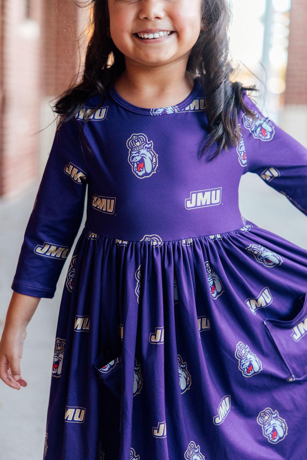 JMU Purple Duke Dog 3/4 Sleeve Pocket Twirl Dress