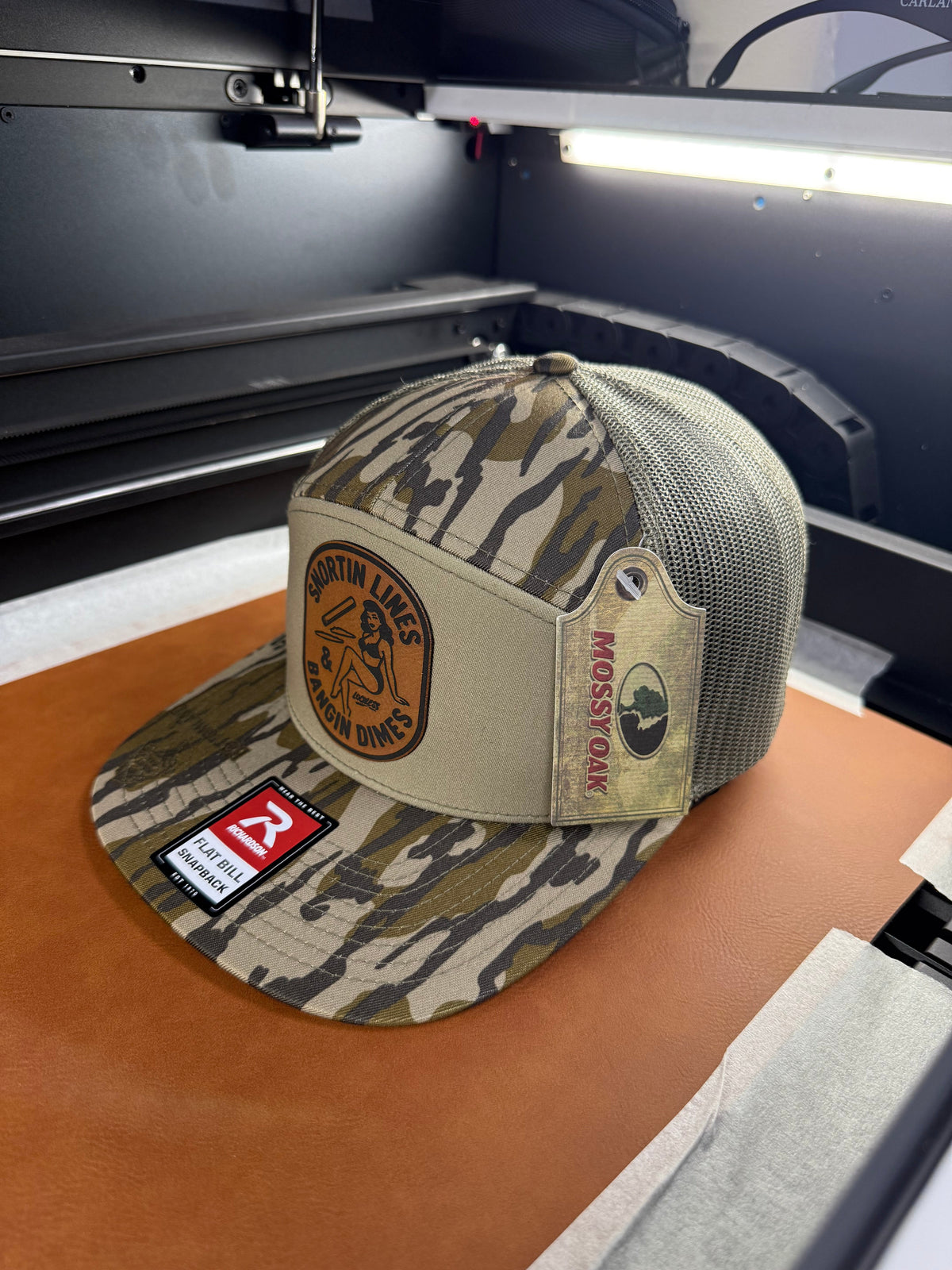Lines and Dimes Mossy Oak Rawhide Leather Patch Hat