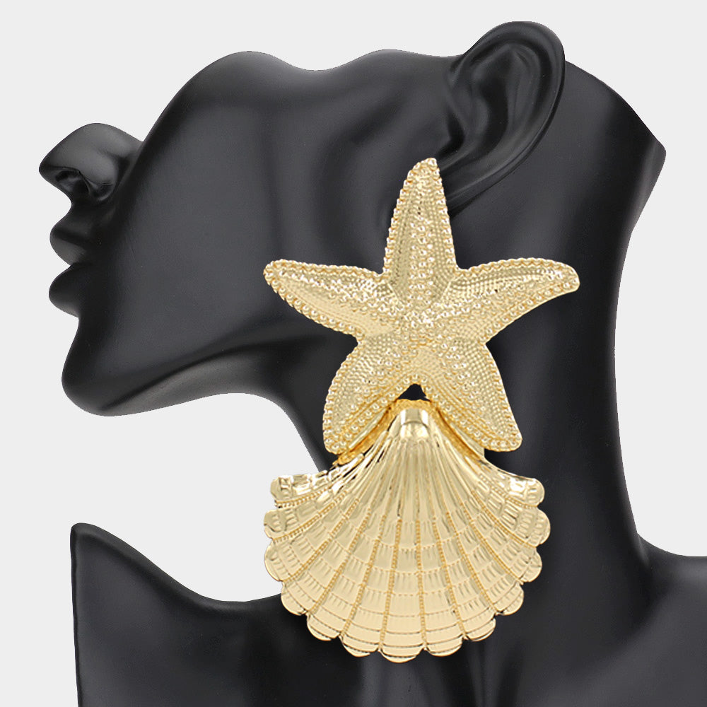 Oversized Textured Metal Starfish Sea Shell Link Earrings