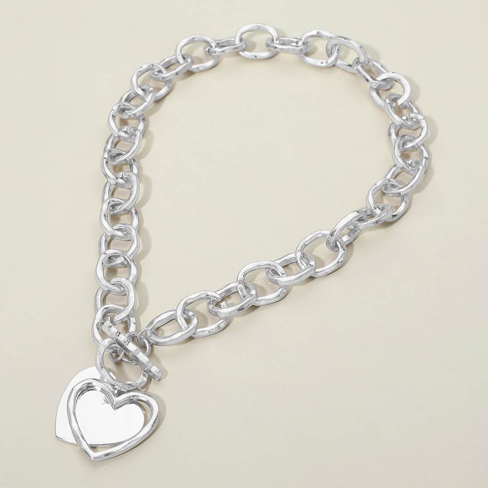 Hammered Layered Heart Pendant Chunky Chain Toggle Necklace