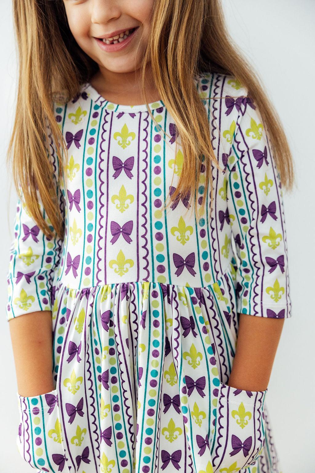 Mardi Gras 3/4 Sleeve Pocket Twirl Dress