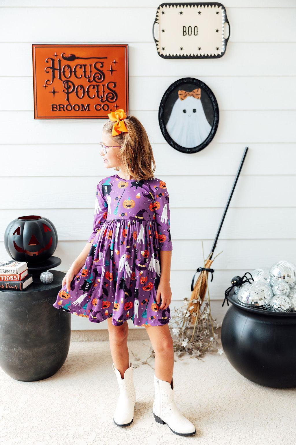 No Tricks, Just Treats 3/4 Sleeve Pocket Twirl Dress