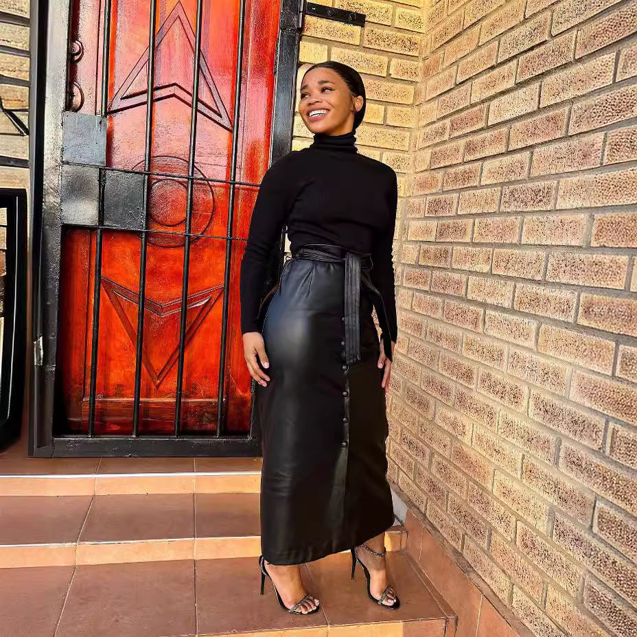 Women Clothing Autumn Winter Mid-Length Black Faux Leather Bag Buckle Slit Leather Skirt Containing Belt