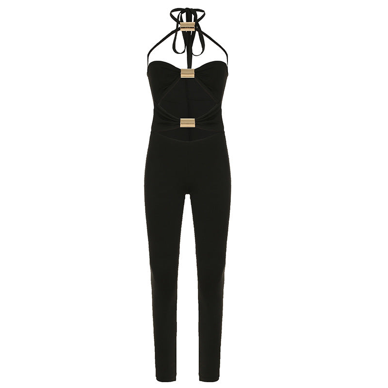 Sexy Women Wear Metal Tube Stitching Hollow Out Cutout out Tight One Piece Trousers Street Skinny Pants Spring