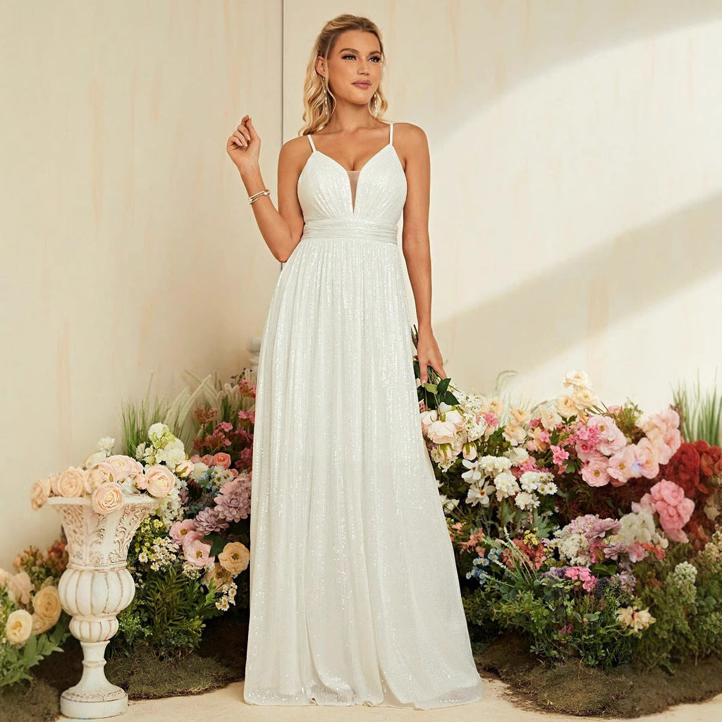 White Suspender Ball Dress Beach Church Wedding Dress Simple Elegant Dress Slim Slimming Women