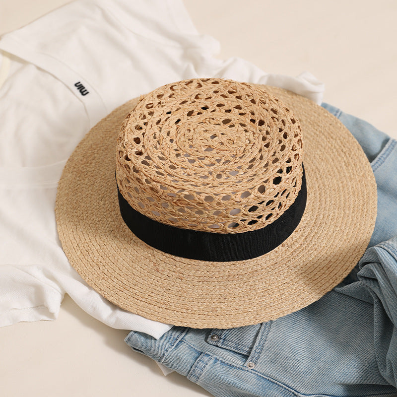 Lafite Cap Hollow Out Cutout Flat Top Sun Hat Summer Hand Woven Straw Hat All Match Travel Vacation Beach Hat