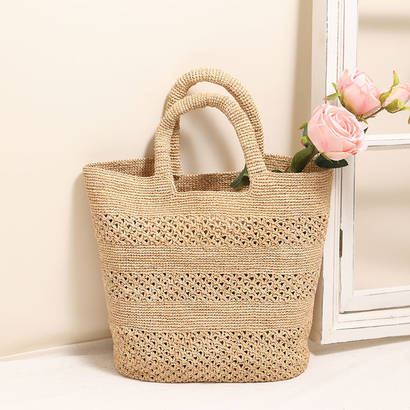 Raffia Portable Straw Weaved Bag Hand Carrying Large Capacity Hollow Out Cutout Woven Bag Seaside Vacation Beach Bag