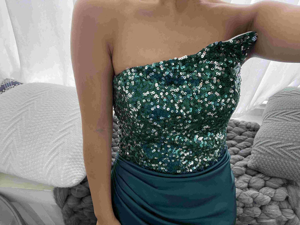 Green Sequined Fairy Wedding Long Long Sleeve One-Piece Mid-Length Evening Dress
