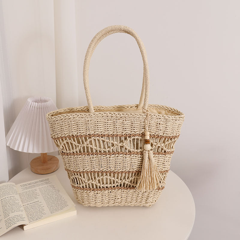 Hollow Out Cutout Shoulder Straw Bag Tassel Portable Straw Bag Woven Bag Vacation Beach Bag Women Bag