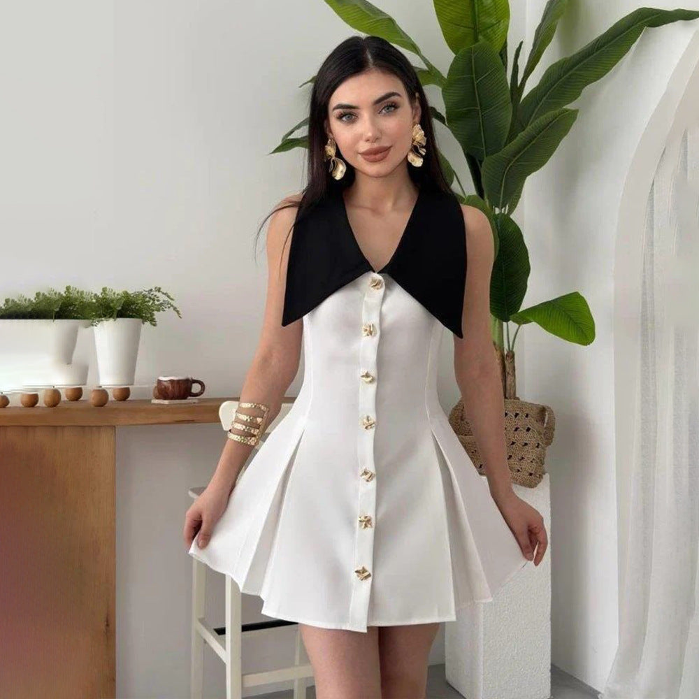 Summer Elegant Collared Sleeveless Waist A line Dress Single Breasted Waist Dress