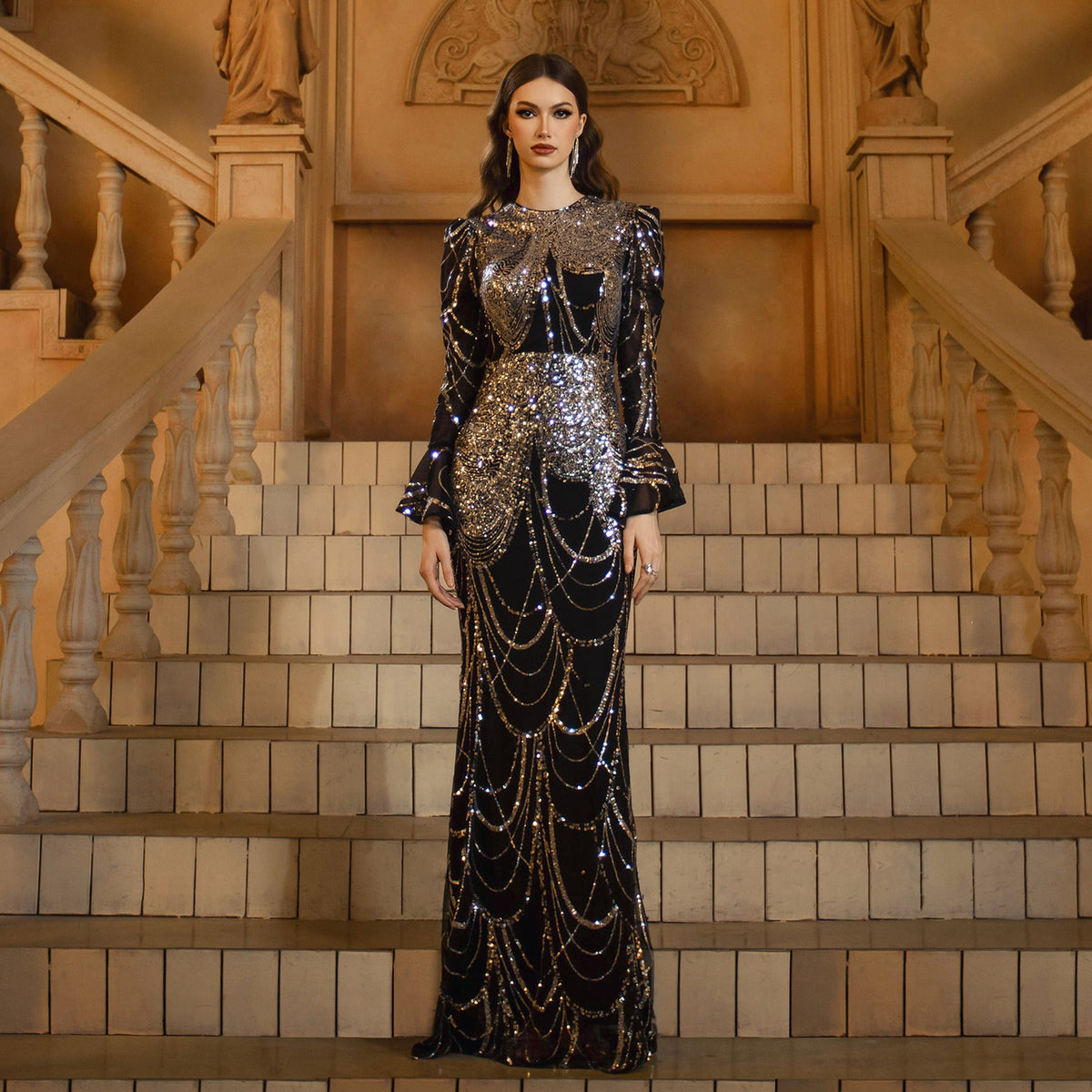 Women Clothing Long Sleeved round Neck Slim Fit Sheath Sequined Cocktail Fishtail Evening Dress