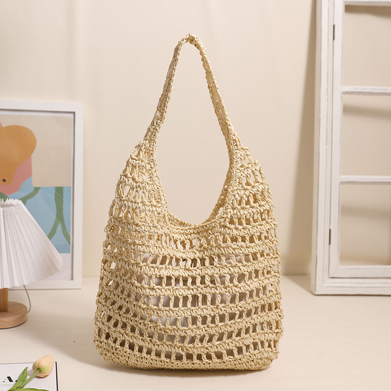 French Large Capacity Shoulder Straw Bag Hollow Out Cutout Tote Portable Straw Bag Woven Bag Seaside Vacation Beach Bag