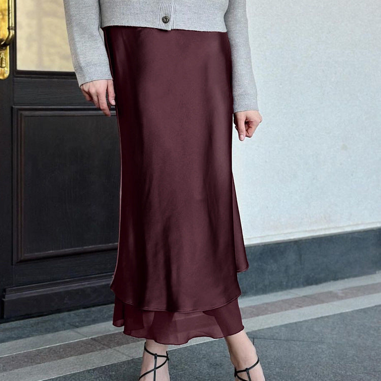 Women Clothing Satin Skirt Women Spring Summer Patchwork Mesh Double Layer Design Sheath