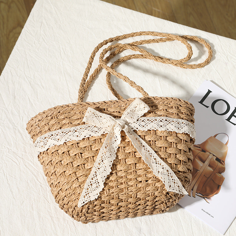 Straw Bag Lace Bow Woven Bag Fairy Seaside Vacation Beach Bag Women Bag