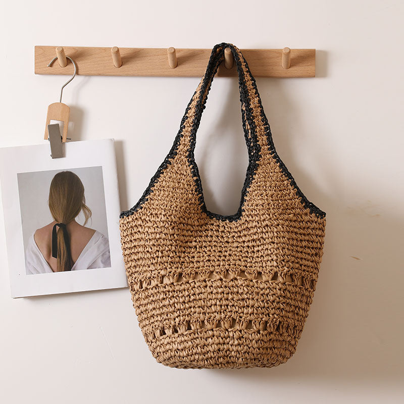 Large Capacity One Shoulder Straw Bag Casual Hollow Out Cutout Portable Straw Bag Woven Bag Women Seaside Vacation Beach Bag