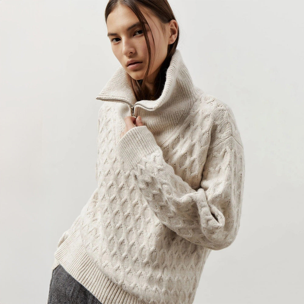 Turtleneck Half Zipper Sweater Women Autumn Winter Korean Lazy Knitwear Thick Needle Woven Sweater