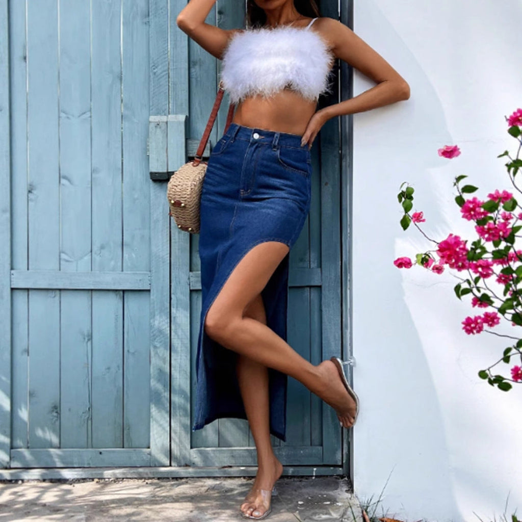 Summer Women Clothing Sexy Side Split Denim Skirt