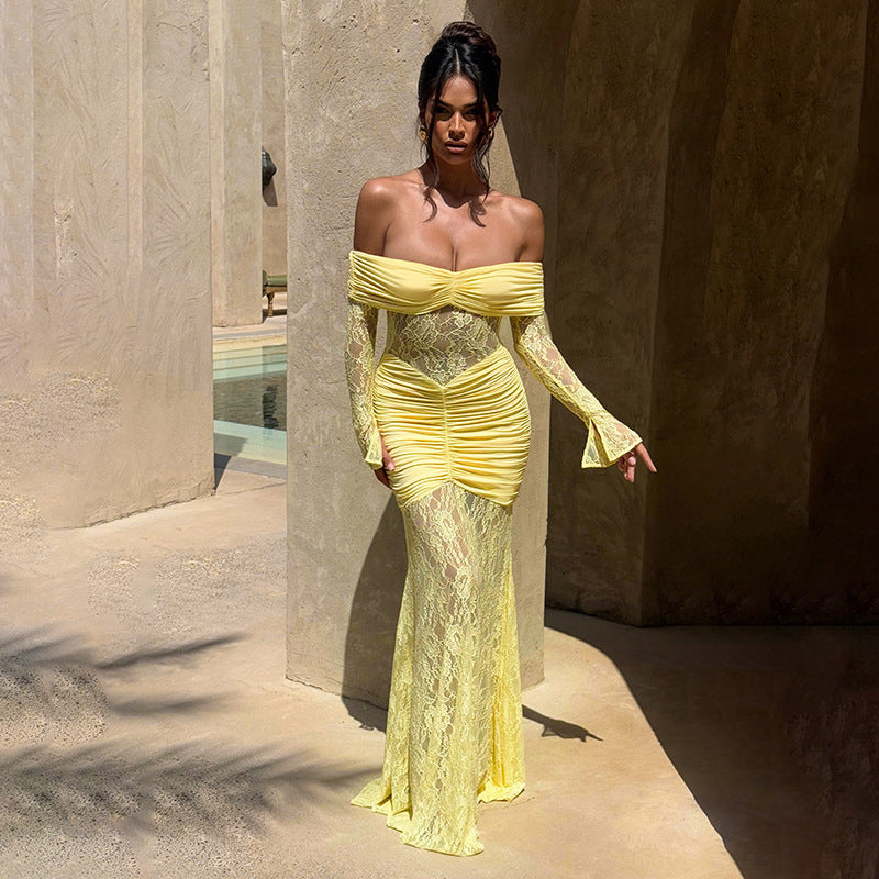 Women Clothing Summer Lace Stitching off Shoulder Slit Long Sleeve Dress Maxi Dress for Women