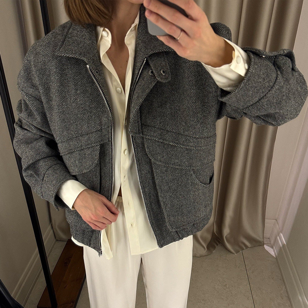 Herringbone Pattern Stand Collar Jacket Autumn Winter Zipper with Pocket Top Loose Woolen Coat