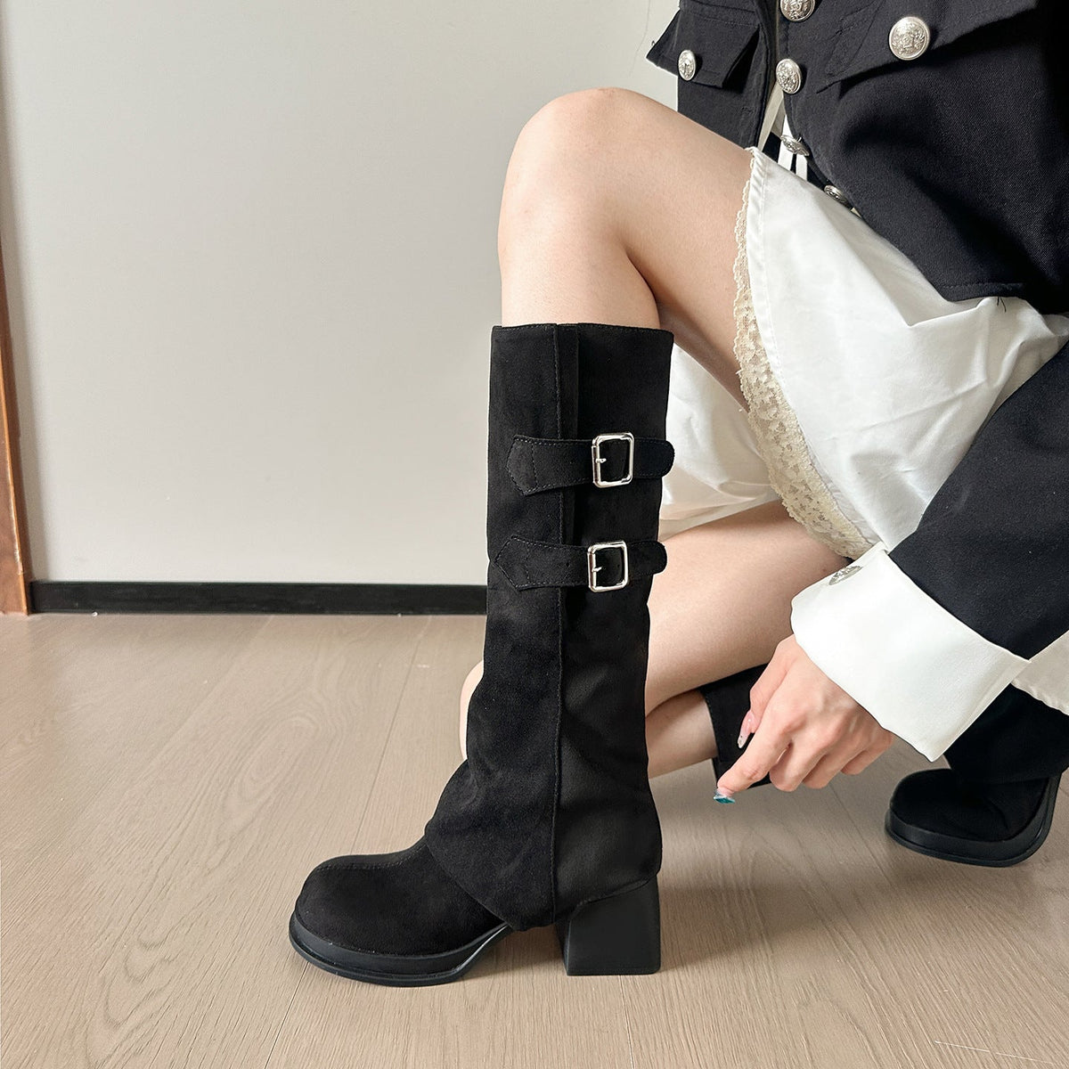 Two Way Wear Long Boots Autumn Winter Detachable Pile Boots Thick High Heel Platform High Leg Boot Retro Pantyhose Boots