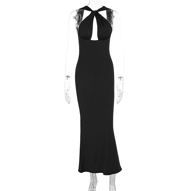 Women Clothing Sexy Sleeveless Hollow Out Cutout Backless Pearl Chain Slim Fit Dress