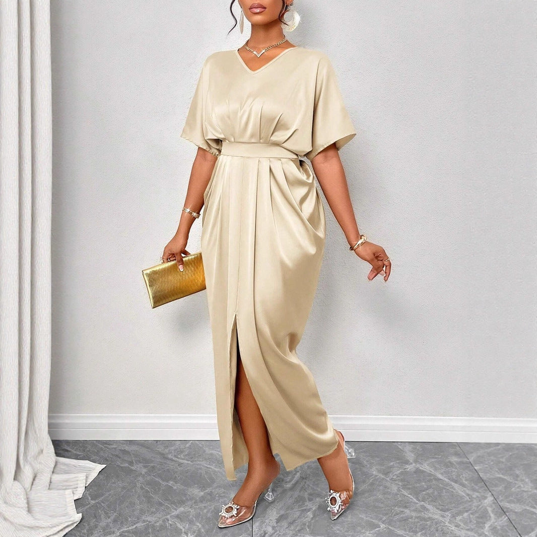 Women Clothing Early Autumn Satin Dress Ball Gown Satin Waist Tight Maxi Dress
