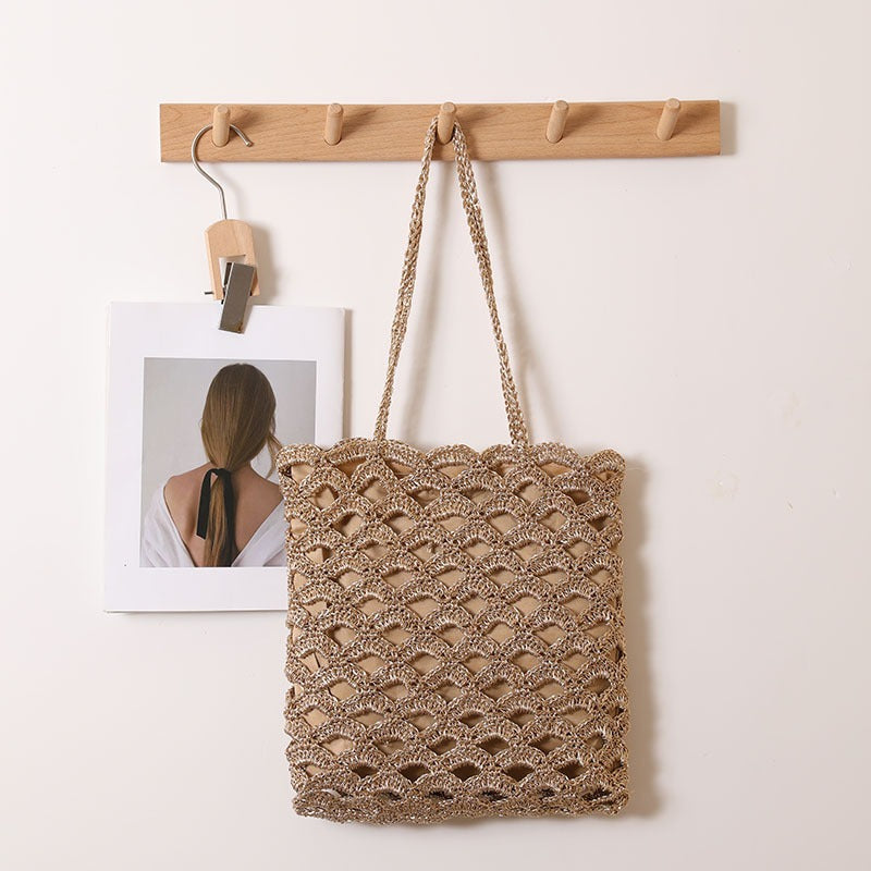 Hollowed out Shoulder Straw Bag Wave Pattern Straw Bag Woven Bag Vacation Beach Bag Niche Design Women Bags
