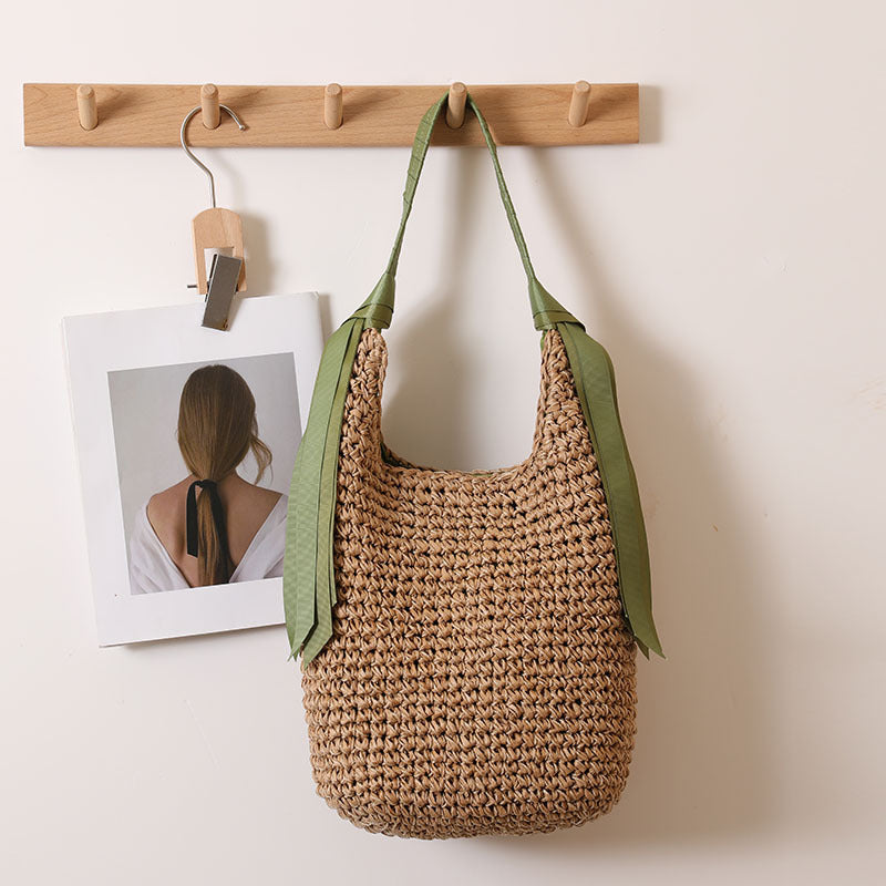 Ribbon Shoulder Straw Bag Large Capacity Solid Color Woven Bag Seaside Vacation Beach Bag Straw Bag