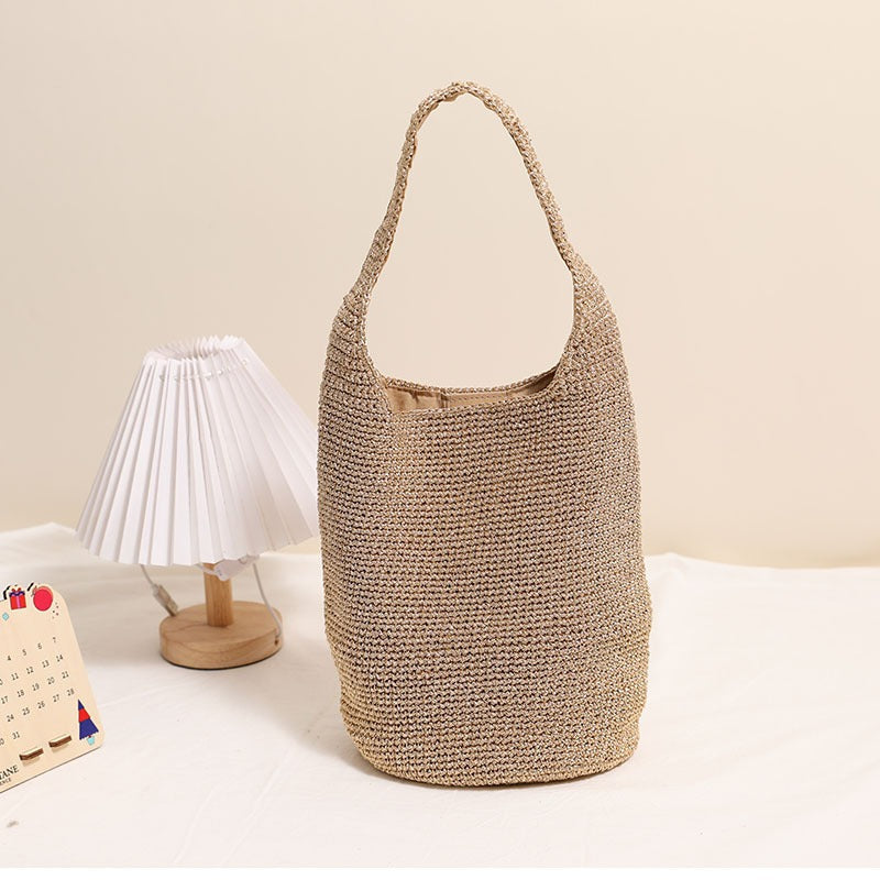 Casual Large Capacity Shoulder Straw Bag Portable Bucket Woven Bag Vacation Beach Bag Women Bag