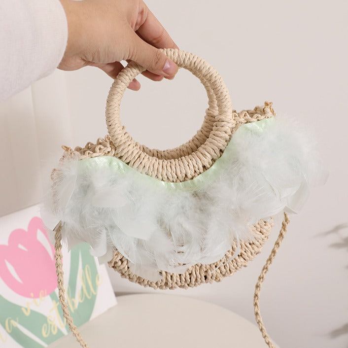 Fairy Feather Crossbody Straw Bag Cute Portable Semicircle Straw Bag Woven Bag Rattan Weave Bag Seaside Vacation Beach Bag