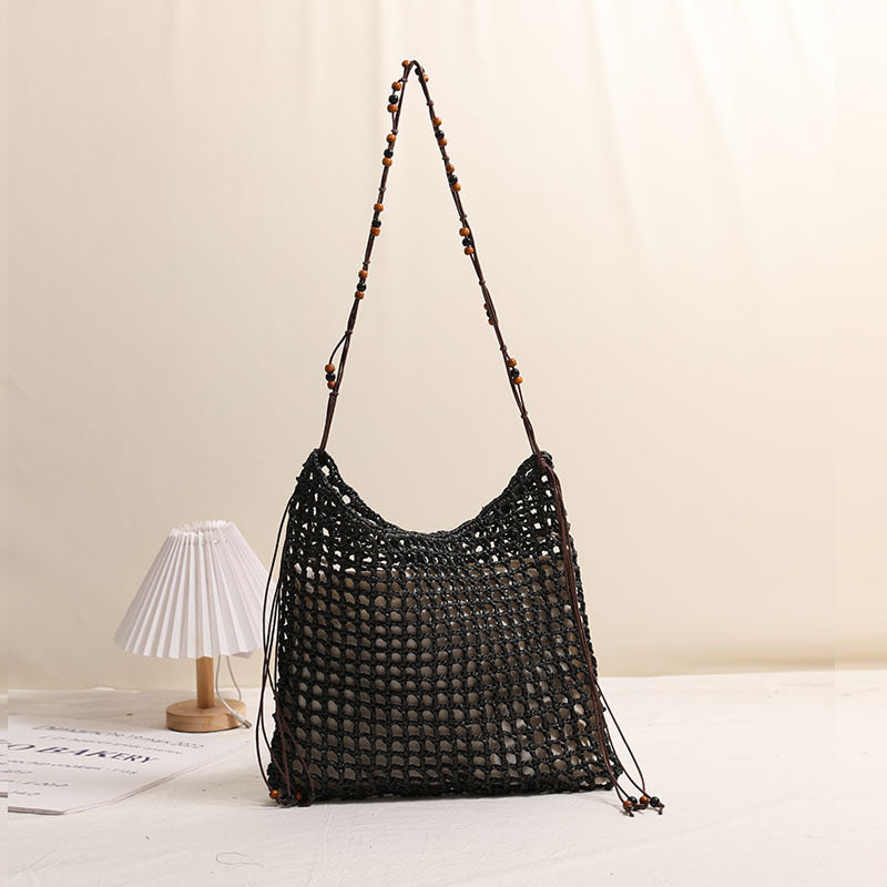 Summer Straw Woven Bag With Lace Up Pattern Suitable For Women Beach Vacation Beach Bag