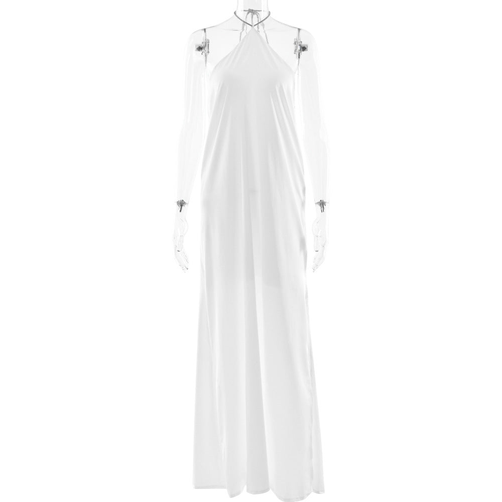 Arrival Advanced Satin Halter Dress Sexy Backless Solid Color Split Slim Fit Maxi Dress