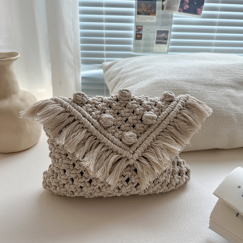Beanie Crossbody Cotton Thread Woven Bag Women Tassel Bag Cover Shoulder Straw Bag Vacation Beach Bag