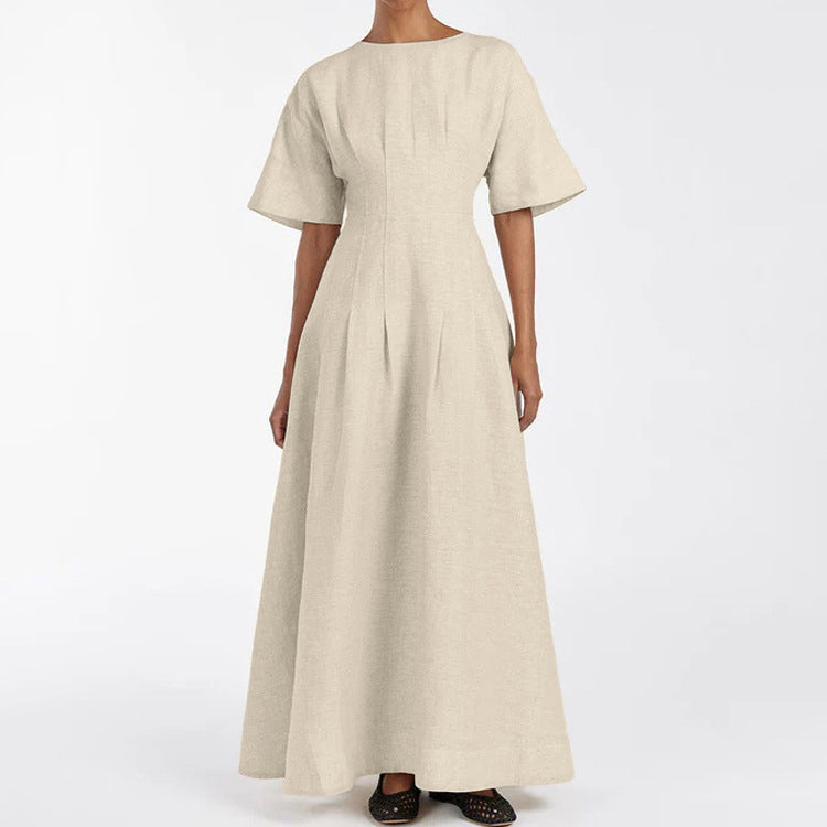 Women Clothing Simple Casual A line Dress Cotton round Neck Short Sleeve Waist Controlled Dress