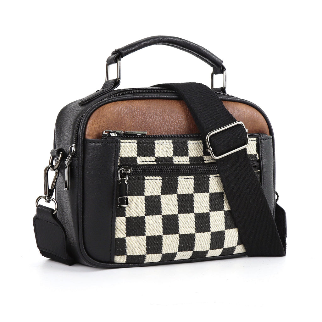 Chessboard double zipper small crossbody bag,Tote small crossbodyPU square bag, Small Crossbody Purse for Women Triple Zip,