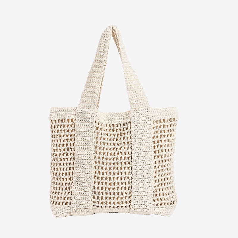 Casual Large Capacity Cotton Thread Woven Bag Hollow Out Cutout Straw Bag Seaside Vacation Beach Bag Mesh Shoulder Bag